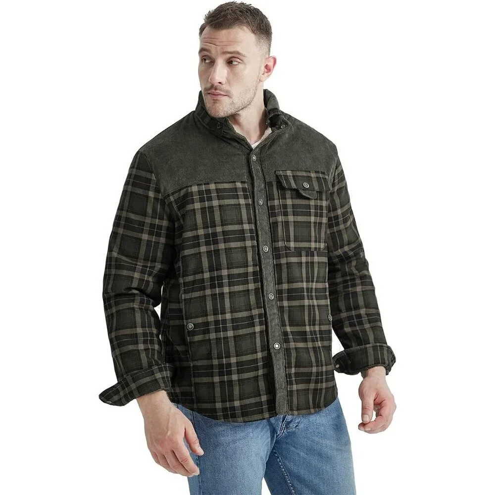 Men's Dark Green Long Sleeve Sherpa Lined Flannel Shirt Jacket Fleeces